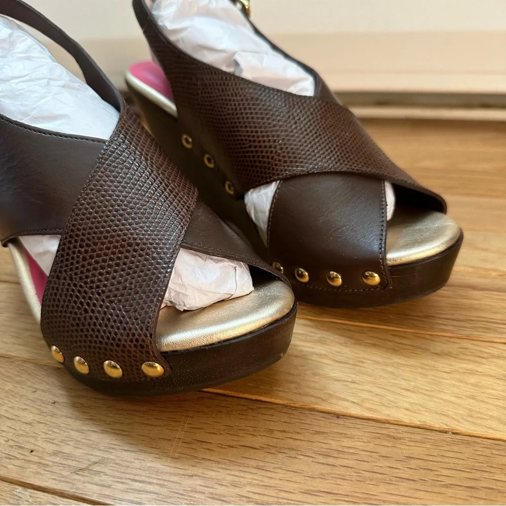 Lilly Pulitzer Callie Wedge Leather Brazilian Brown Womens 7 New